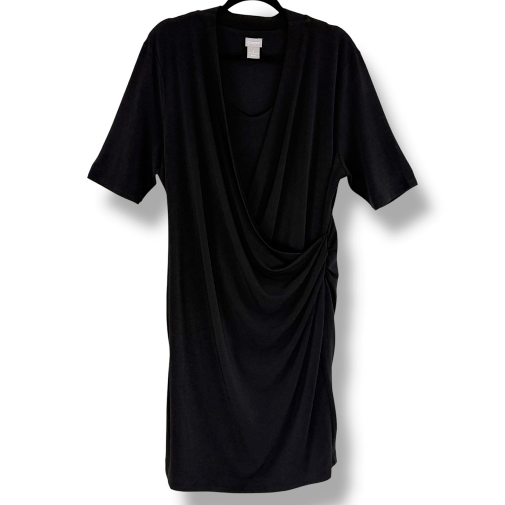 Chico’s Black Slinky Knit Short Sleeve Drape Neck Dress Size 3 (16/18)
